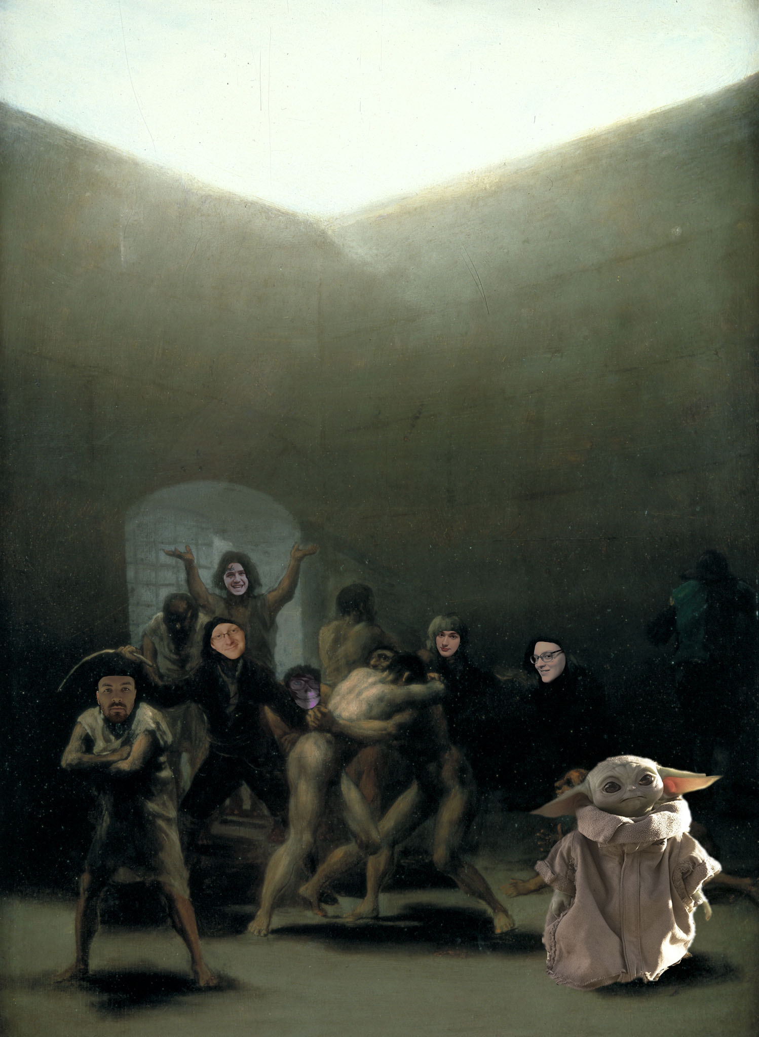This meme is a screenshot of a famous painting, "The Third of May 1808" by Francisco Goya, but with the faces of the people in the painting replaced with images of celebrities and other notable figures, including a baby from the Star Wars franchise. The image is captioned "The Third of May 1808... of the Empire".